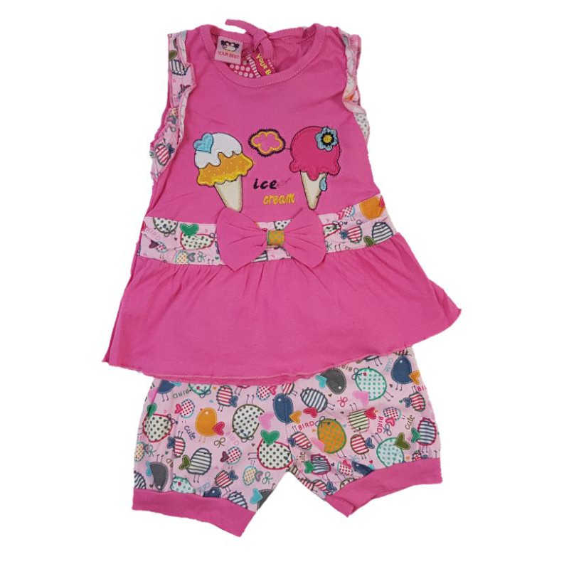 Setelan fashion baju anak perempuan 1-2 tahun motif ice cream warna  pink biru fanta