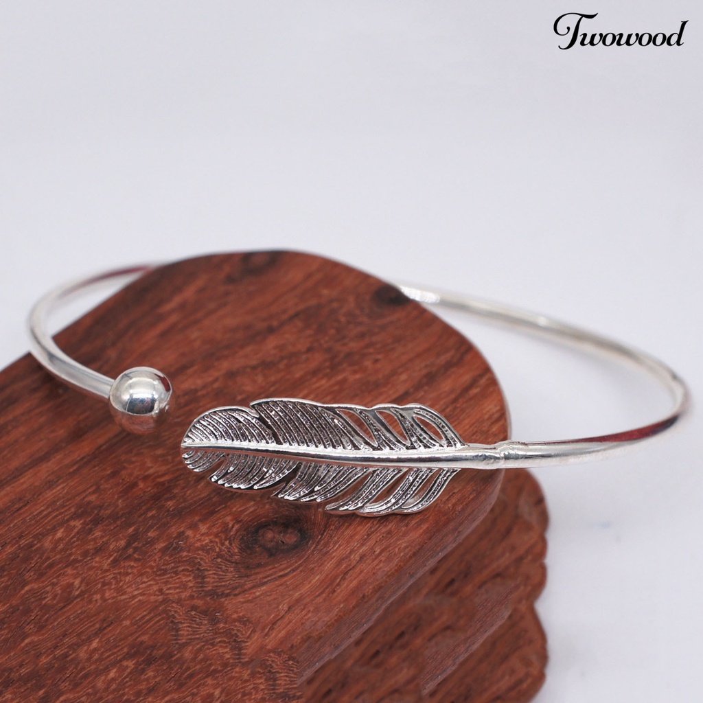 Twowood Silver Color Round Cuff Bracelet Copper Angel Feather Adjustable Simple Bangle for Valentine Day