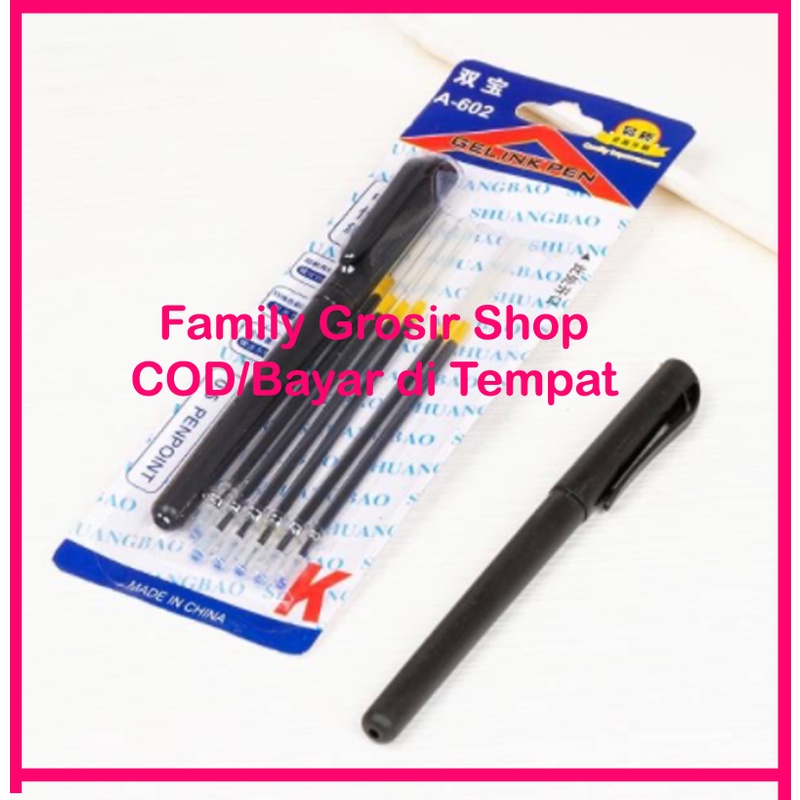 1 Set Pulpen gel 0.5mm + 6 Refill, warna hitam