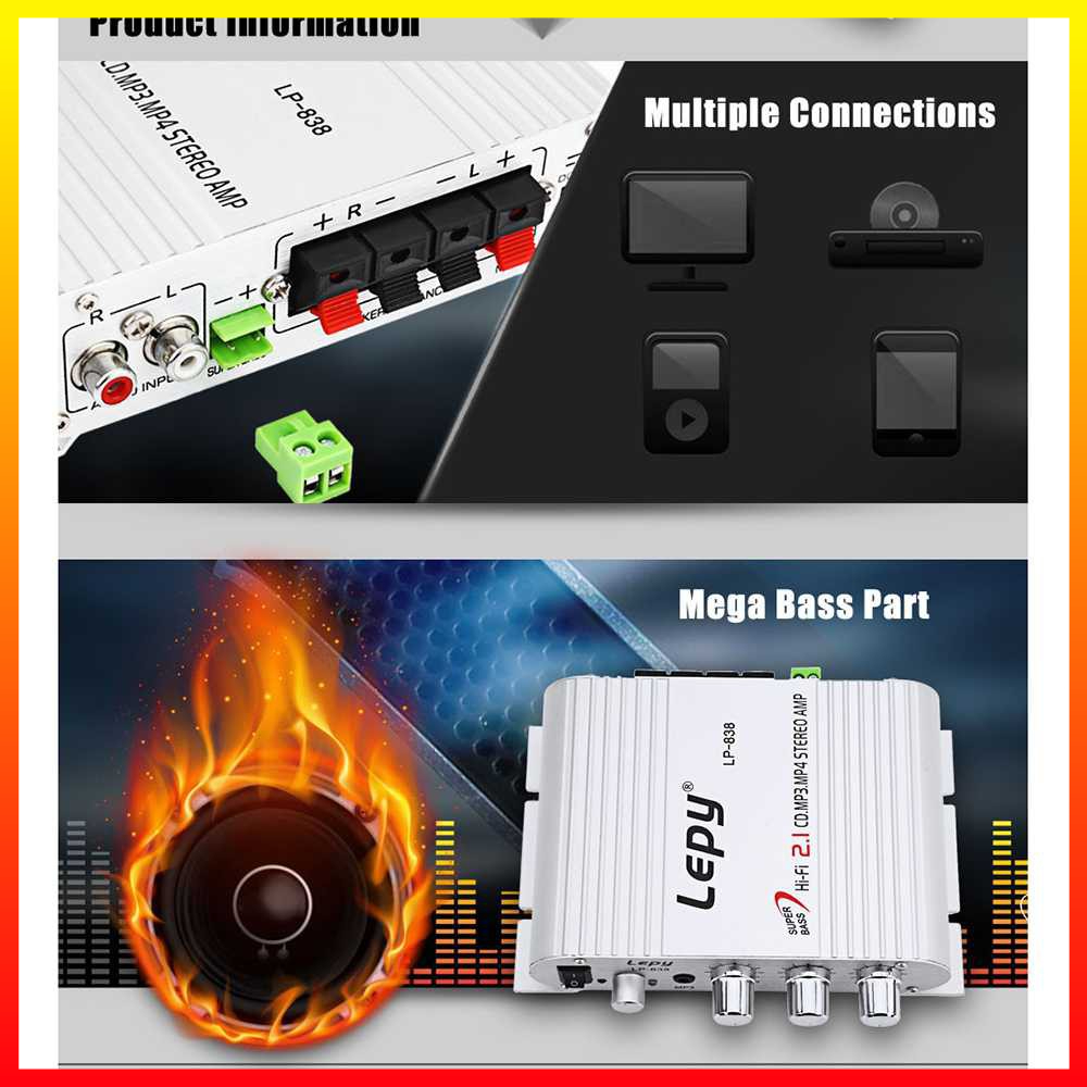 Audio Amplifier Hi-Fi Stereo Treble Bass Booster input RCA R/L dan Output RCA Untuk Speaker Stereo Full CNC Aluminium Lepy - LP-838 - 9CSK01BK