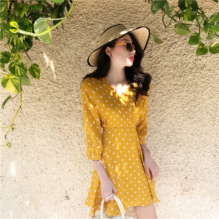 Korean chic loose slim short chiffon dress yellow Wave 