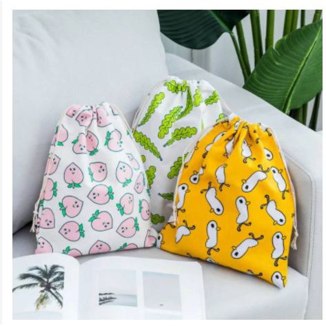 Tas Travelling Serut Katun Linen / Tas Serut Motif Lucu