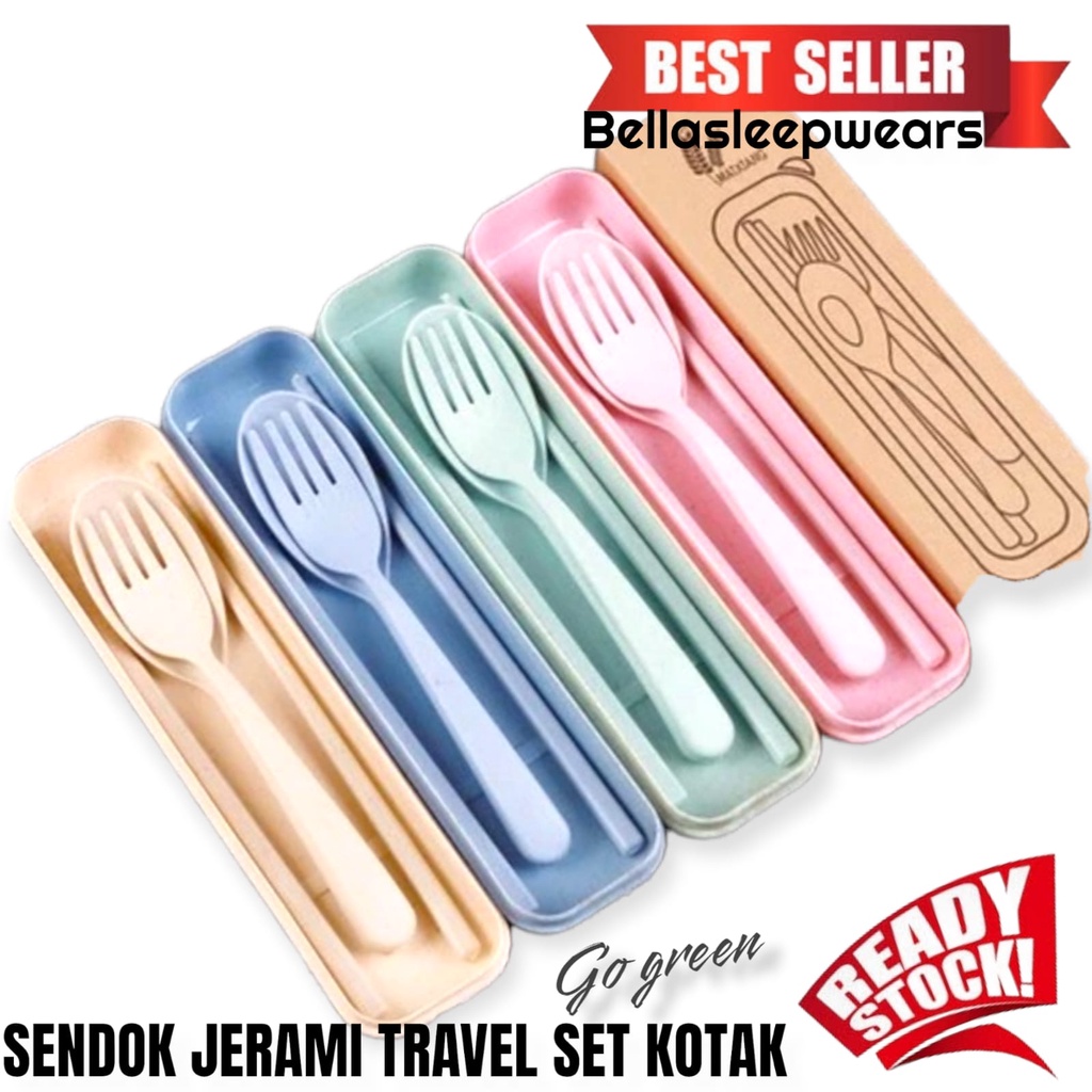 BELLA - ALAT MAKAN | SENDOK GARPU JERAMI SET 3IN1 TRAVEL NEED WITH BOX GO GREEN