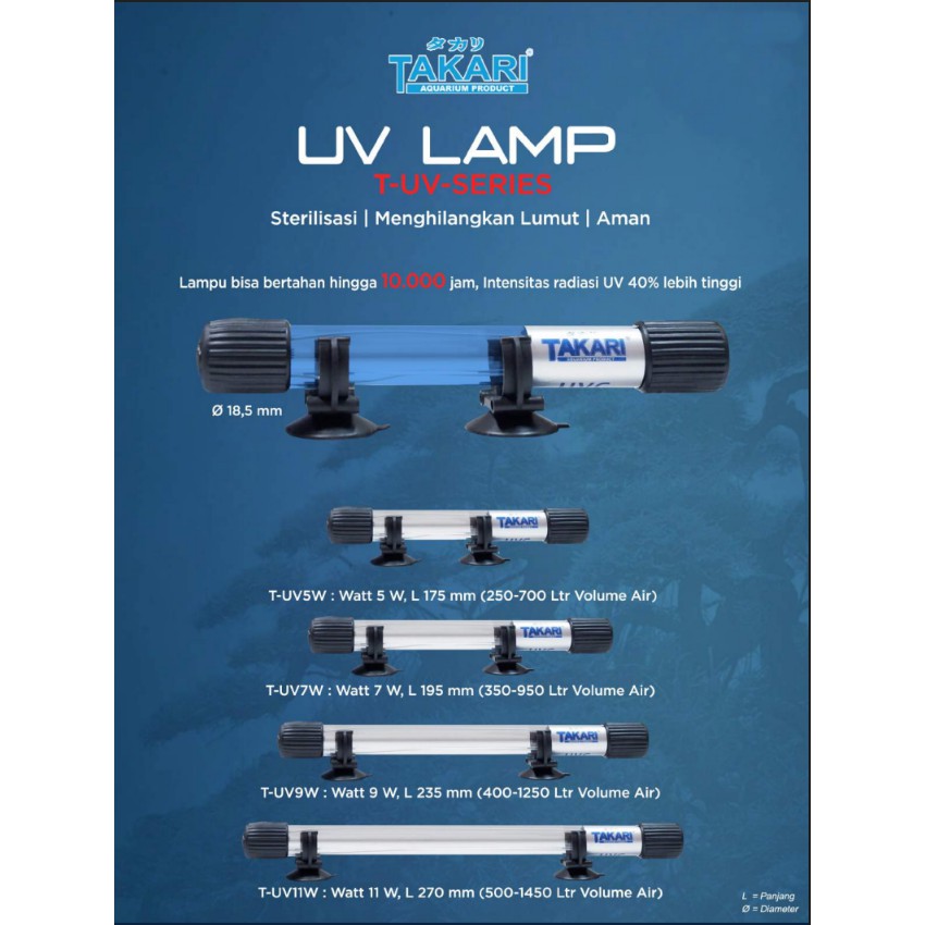 Lampu celup UV TAKARI  7 9 11 watt ultra violet submersible lamp aquarium aquascape