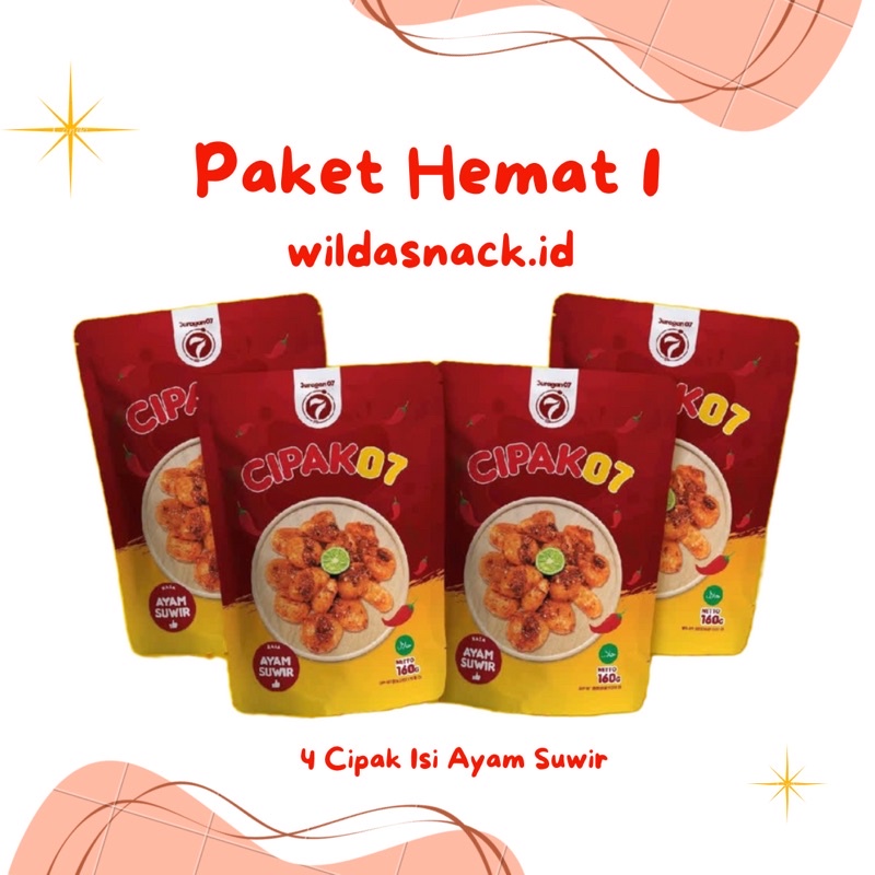 

Paket Hemat 1 | Cipak Isi Ayam Suwir + gift | 4 pouch cipak | 1 pouch cipak isi 15 | cemilan enak | makanan ringan | cimol | makanan kering | makanan basah | cipak ayam suwir | cipak pedas | cipak pedes | wilda snack | wildasnack