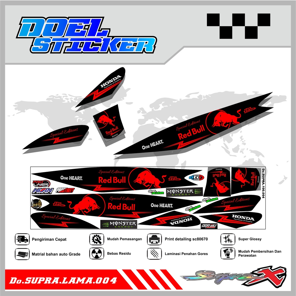 Striping Supra 100 / Supra X / Supra Fit Lama Variasi Stiker Skotlet Motor List RED BULL 004