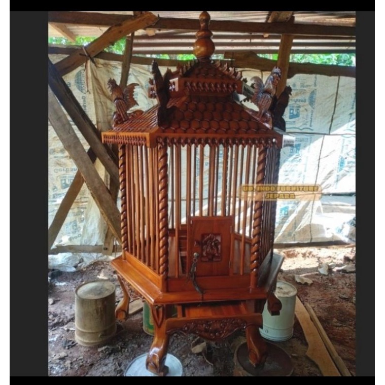Kandang sangkar ayam/ burung hias taman kayu jati ukir besar murah