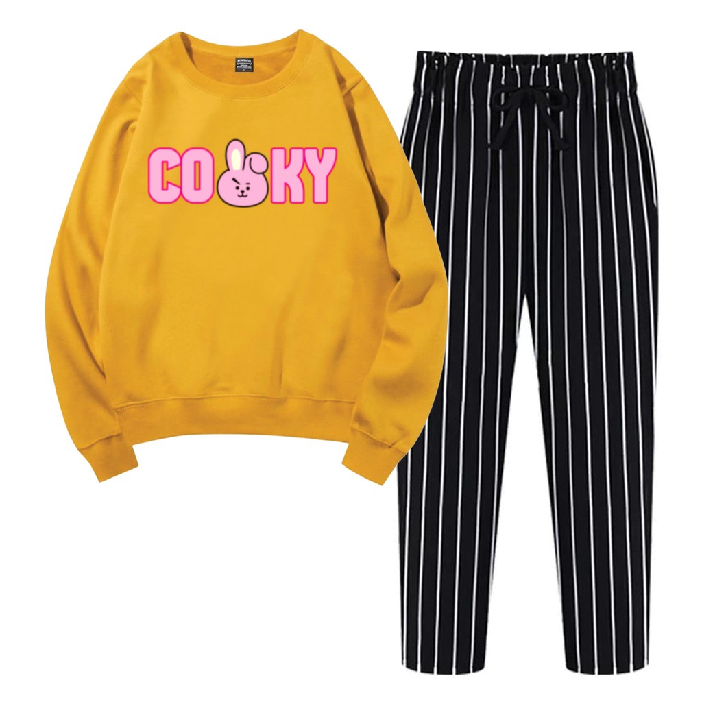 BESS - Baju Setelan Wanita Murah / Setelan Sweater + Celana Salur Hitam - CUKY FONT