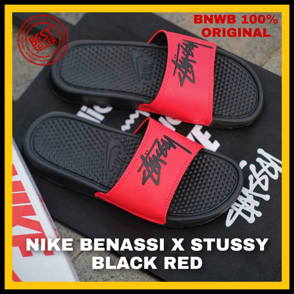 SANDAL NIKE BENASSI X STUSSY BLACK RED ORIGINAL BNWB SENDAL BRANDED MADE INDONESIA SANDAL PRIA
