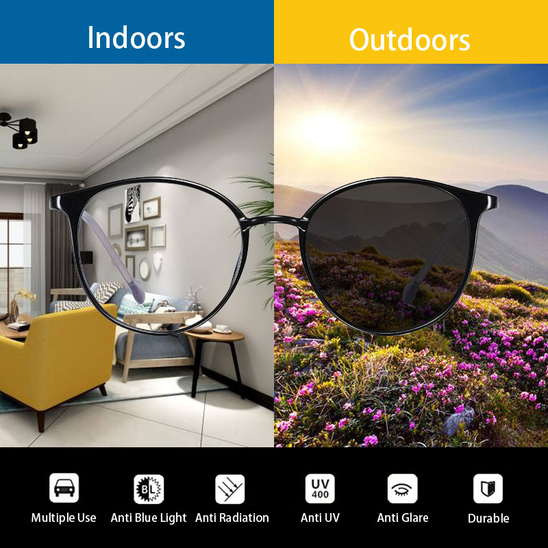 Viendo 2021 Baru Kacamata Anti Radiasi Photocromic 2 in 1 Untuk Wanita Pria Cowok Retro TR90 Elastik Frame Kacamata Komputer Anti Blueray Silau Photocromic Minus Bluecromic Minus Fotocromik Anti Sinar Matahari UV400 Kaca Mata Hitam-6