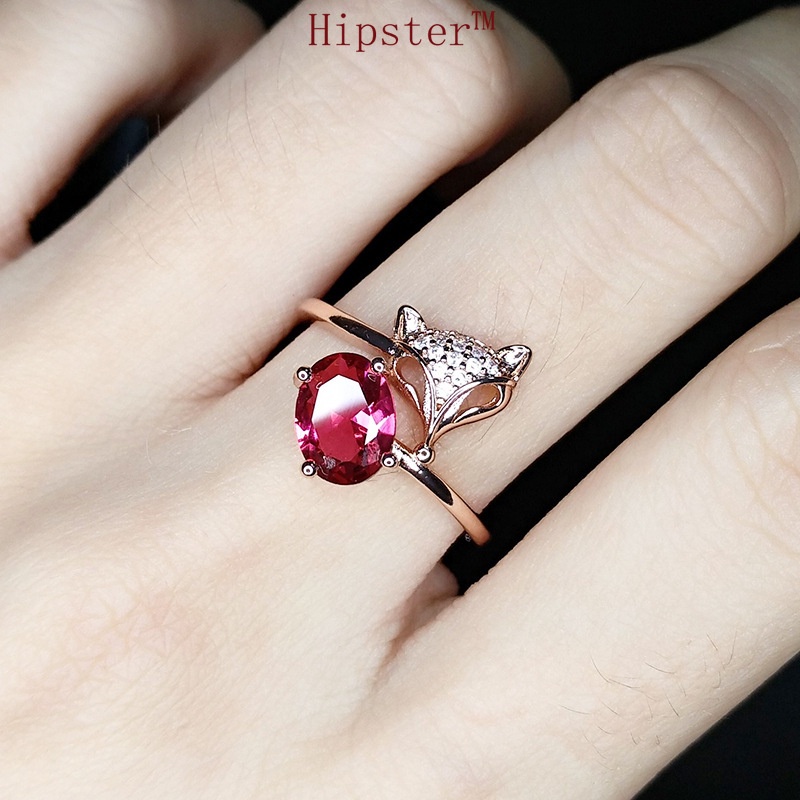 Fashion Trend Luxury Temperament Fox Inlaid Red Crystal Adjustable Ring