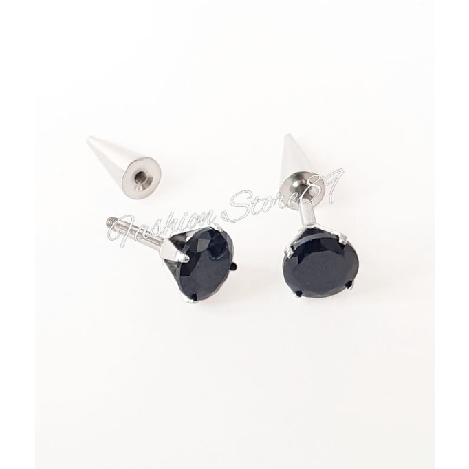 Titanium Anting Roda Runcing Permata Zircon Hitam anting Roda Titanium pria wanita