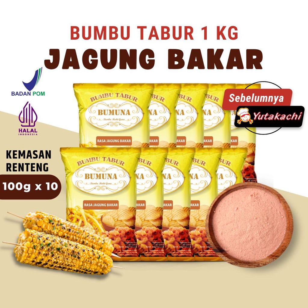 Bumbu Tabur Renteng Rasa Jagung Bakar 1Kg (100 gr x 10 pcs) Yutakachi / Premium Bubuk Tabur Bumbu Keripik Kentang Lidi Ayam Makaroni Jamur Tahu Penyedap Rasa 1 kg (balado/bbq/pedas manis/jagung bakar/keju) Pusat Bumbu