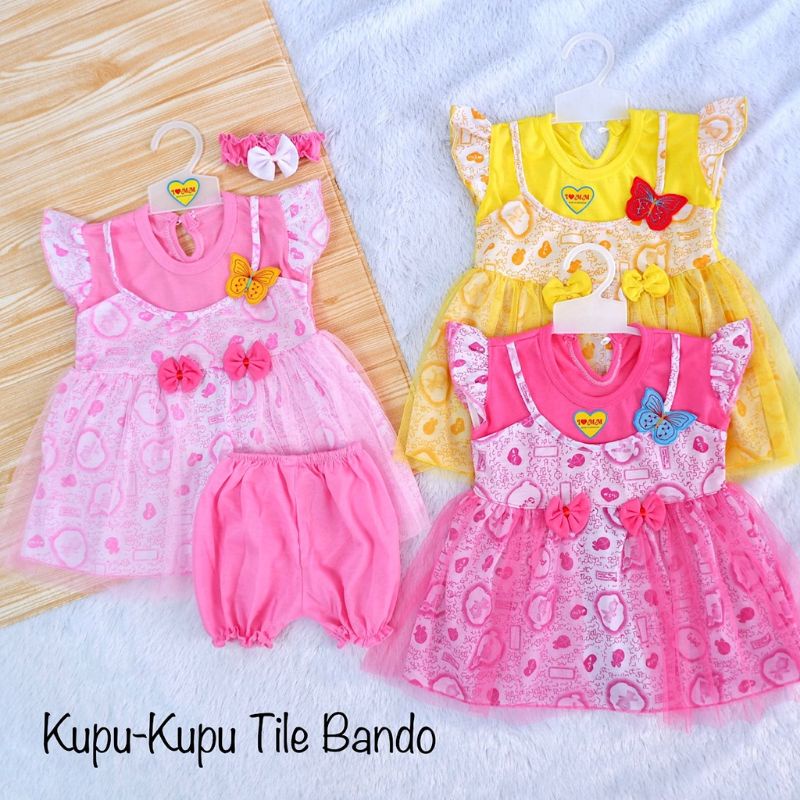 Stelan Baju Anak bayi cewek tile+ pita 0-6 bulan