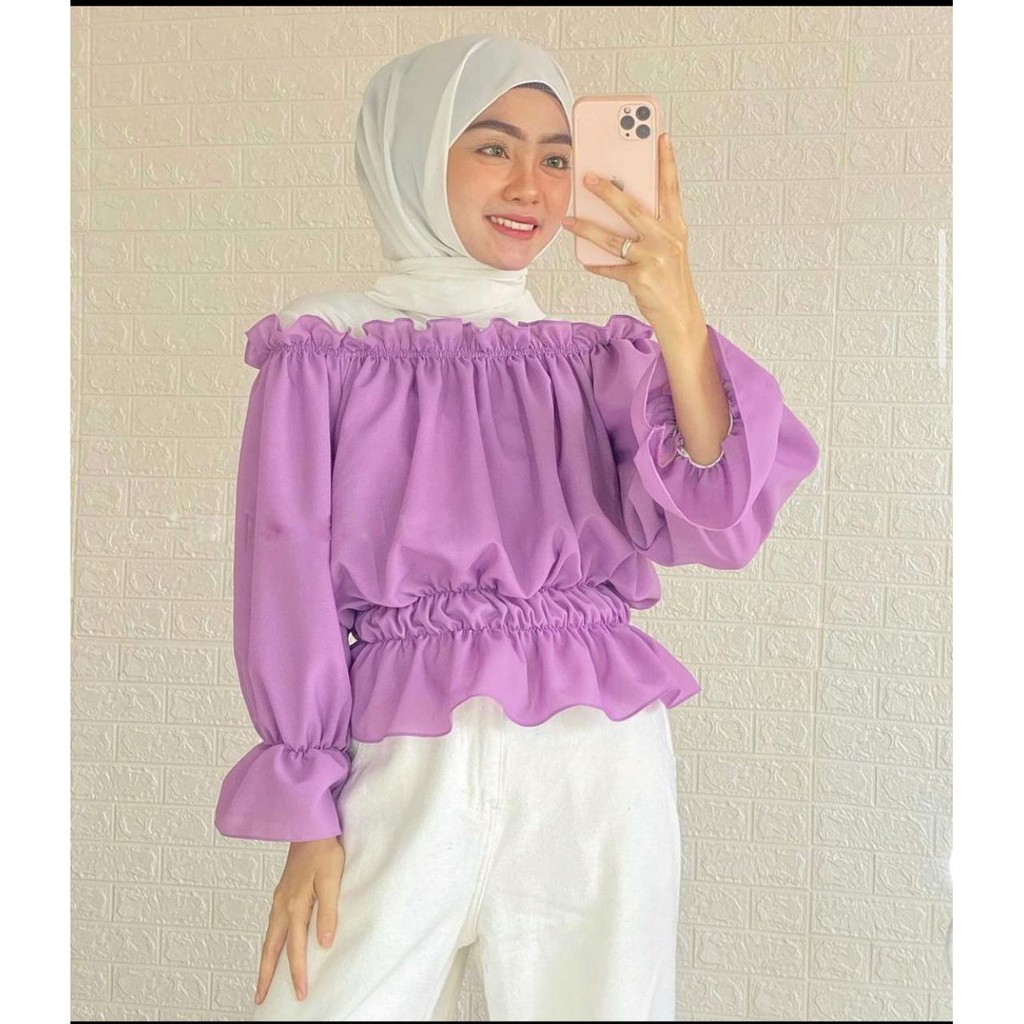 Caroline Blouse Pusatgrosir_solo/ Atasan Rampel Lengan Balon Termurah Mosscrepe Polos