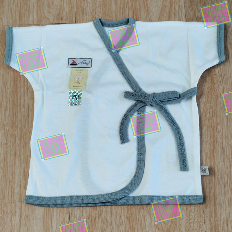Baju Bayi Kimono Pendek NARY Size 0-3 / 3-6 bulan Warna / Putih Katun Premium Newborn SNI (KPDK)-Putih-Bis DenimAbu
