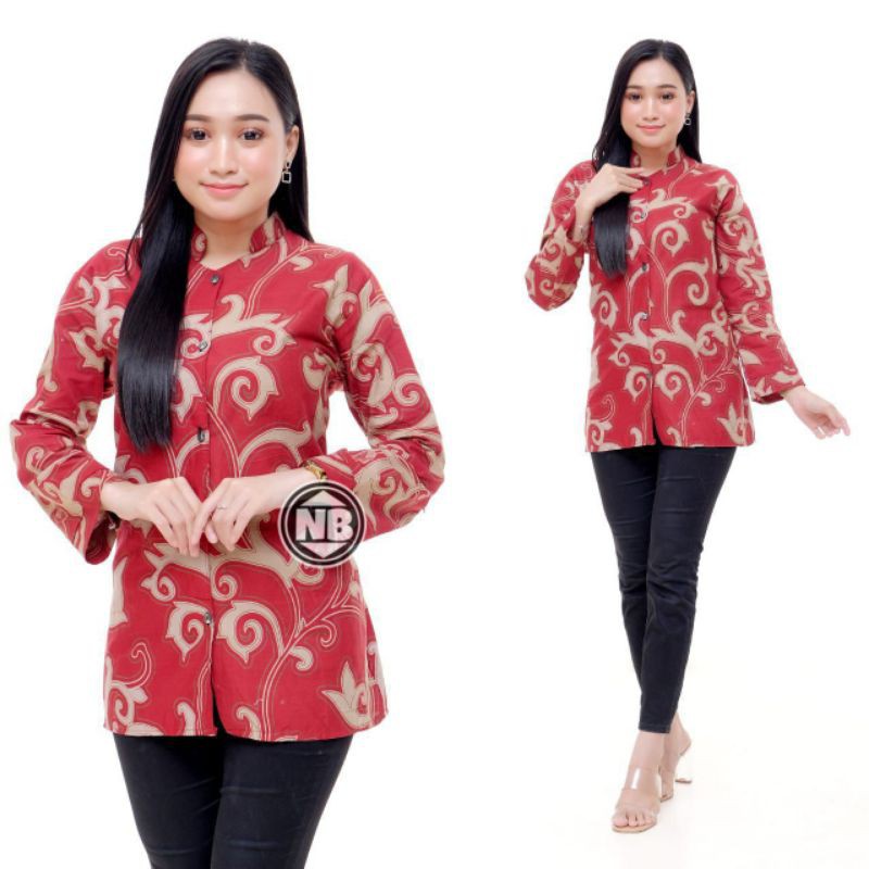 tey-17 Batik wanita ASJ SA HRB026 Kenongo Kemeja Tosca Pendek-Kangkung merah