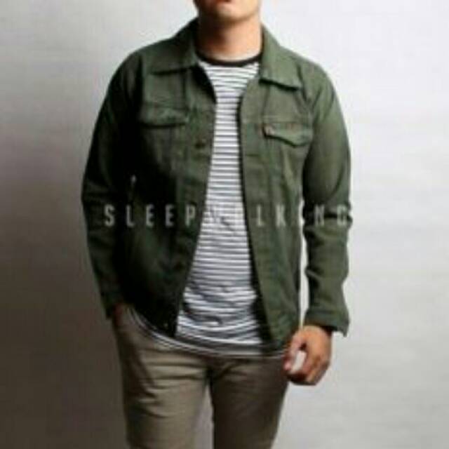 Jaket denim pria hijau army