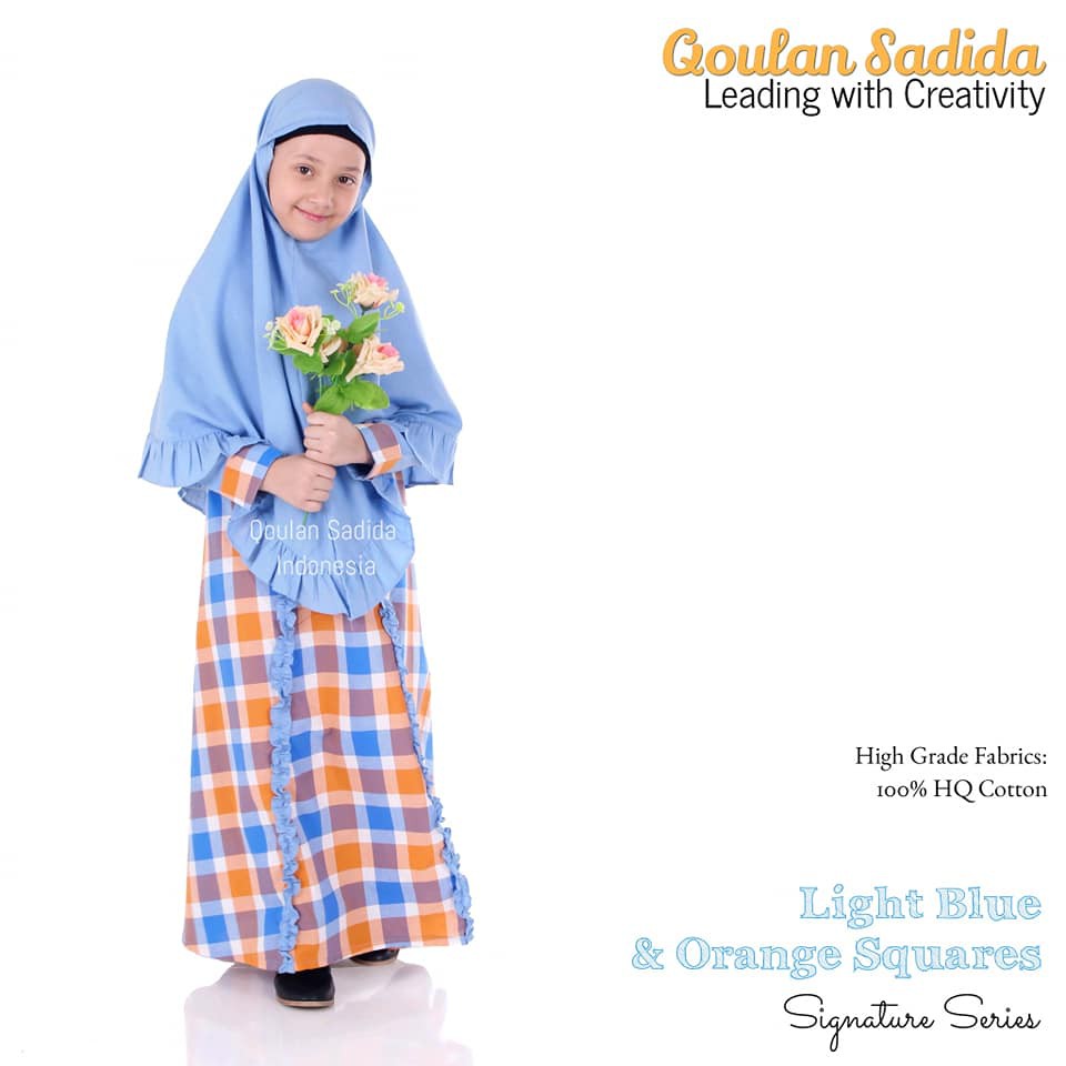 Gamis Anak Qoulan Sadida Light Blue Orange Square (Signature Series)