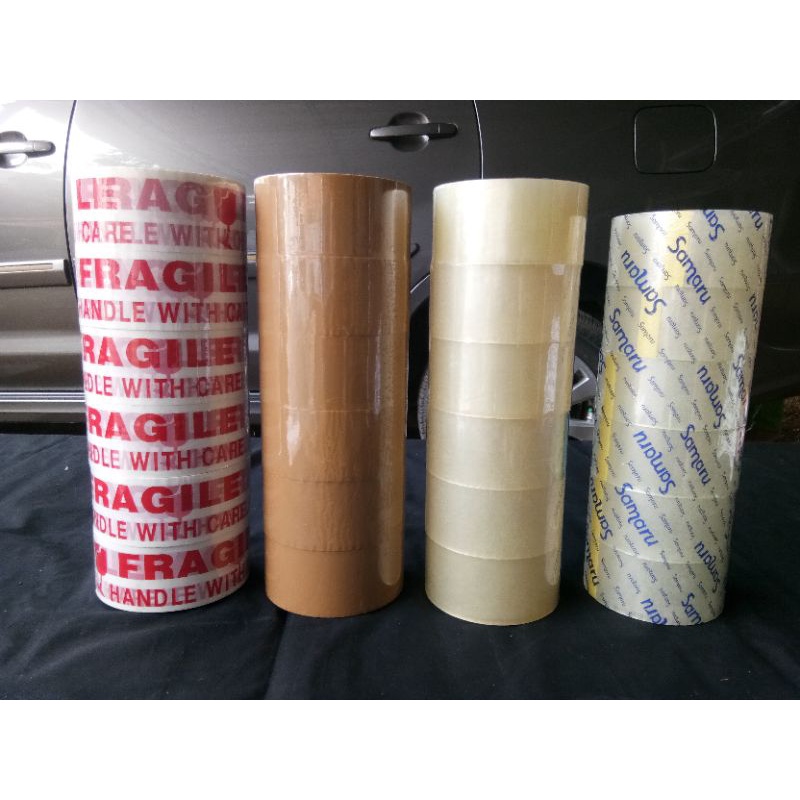 

Lakban Bening 70 (63) yard , Fragile 100 yard (92m), Brown Size 90 yard (82m).. dijual per pcs