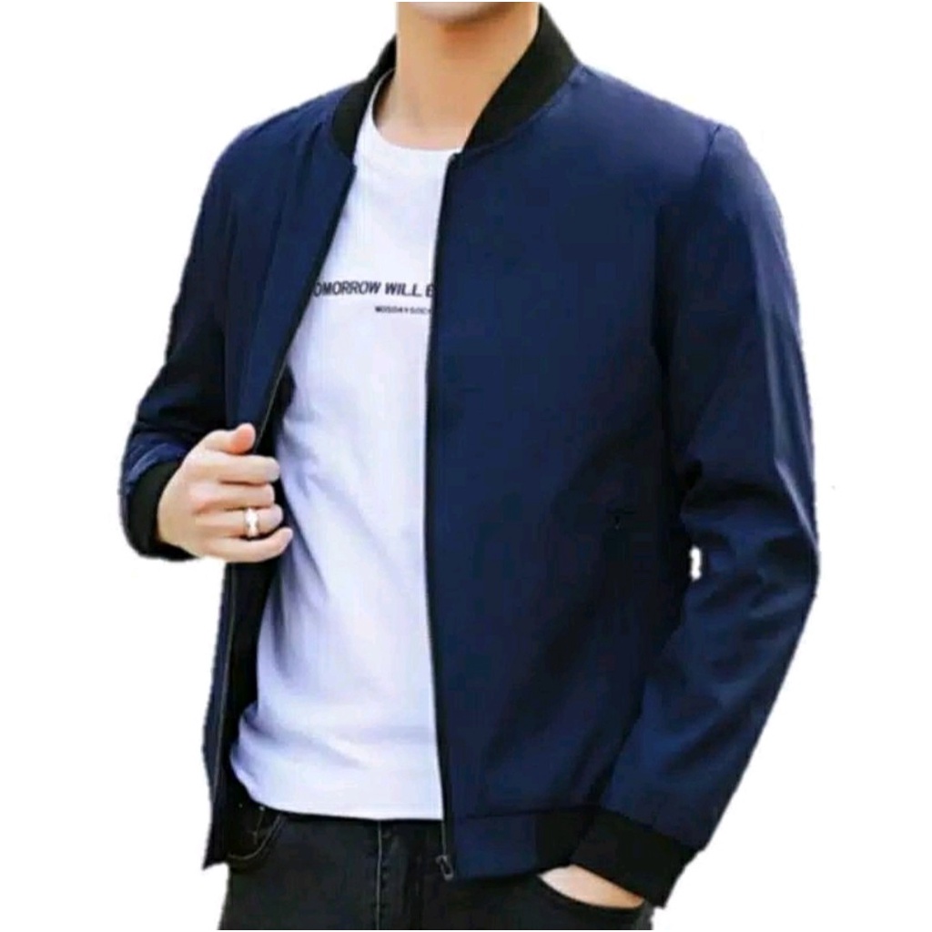 Jaket Musim dingin Jaket parasut pria Bomber hurrington Formal Taslan Waterproof Bomber Cowok Parasit Polos Perasut Prasut-NAVY