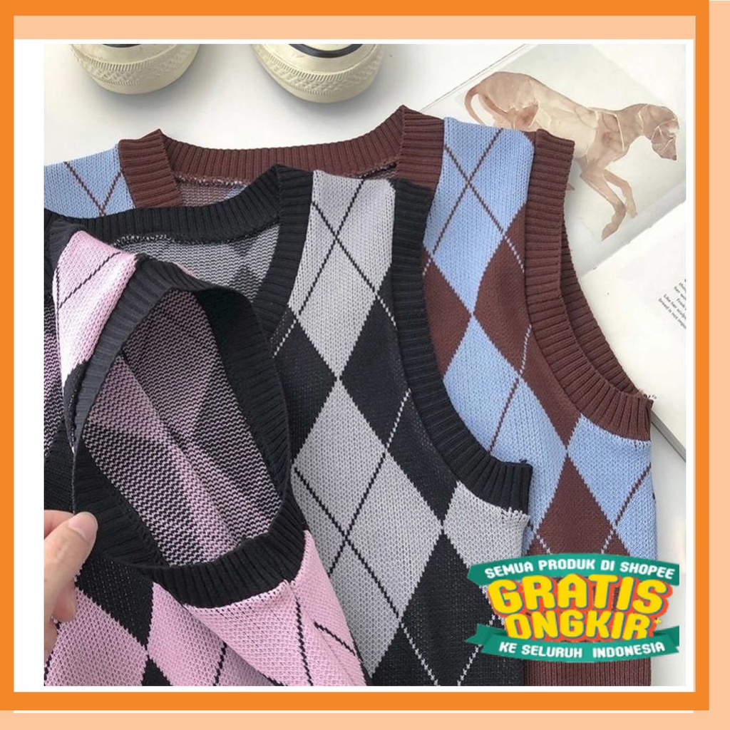 BUAT ANAK DEWASA REMAJA SEKOLAH TEBAL / 【BISA COD】Rose Blackpink Argyle Crop Knit Vest Korean Style 