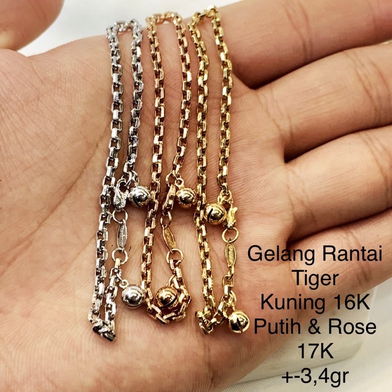Gelang Rantai Emas Asli Model Tiger Segiempat Kuning Putih Rose Kadar 700 750