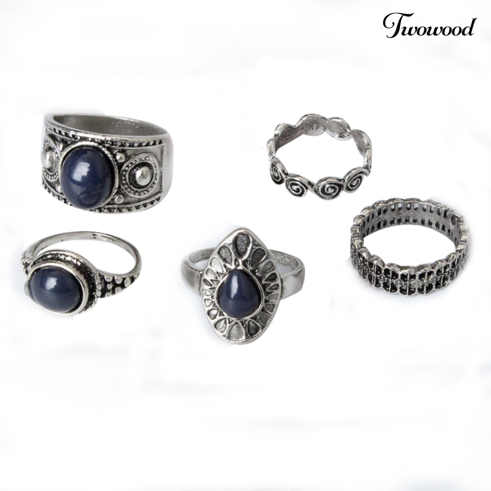 5pcs / Set Cincin Jari Bahan Alloy Aksen Batu Biru Gaya Bohemian Vintage Untuk Wanita