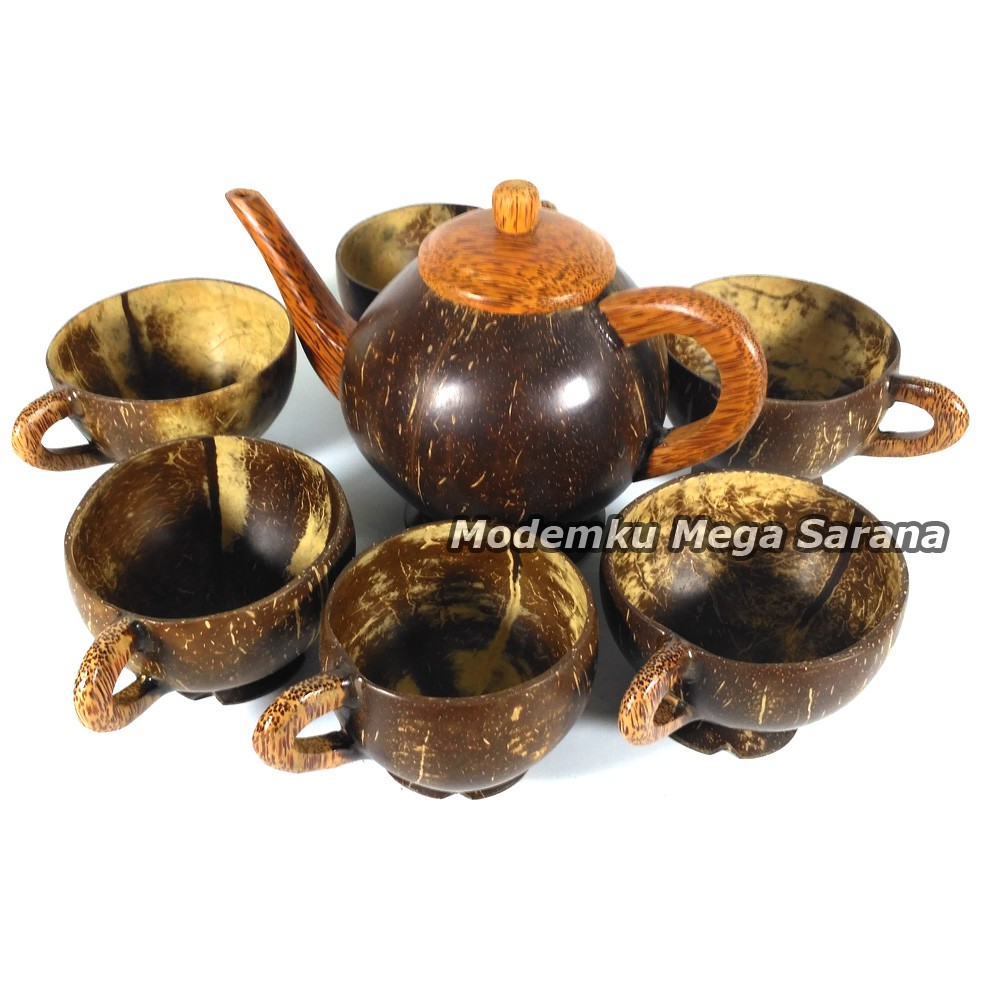 1 sett Teko + Gelas Cangkir Batok Kelapa Natural Handle Glugu CA01