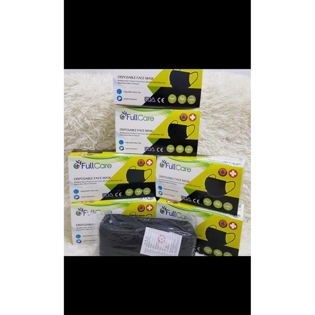 Masker hitam Full Care Disposable 3Ply Black Color ( Hitam ) 1Box Isi 50Pc