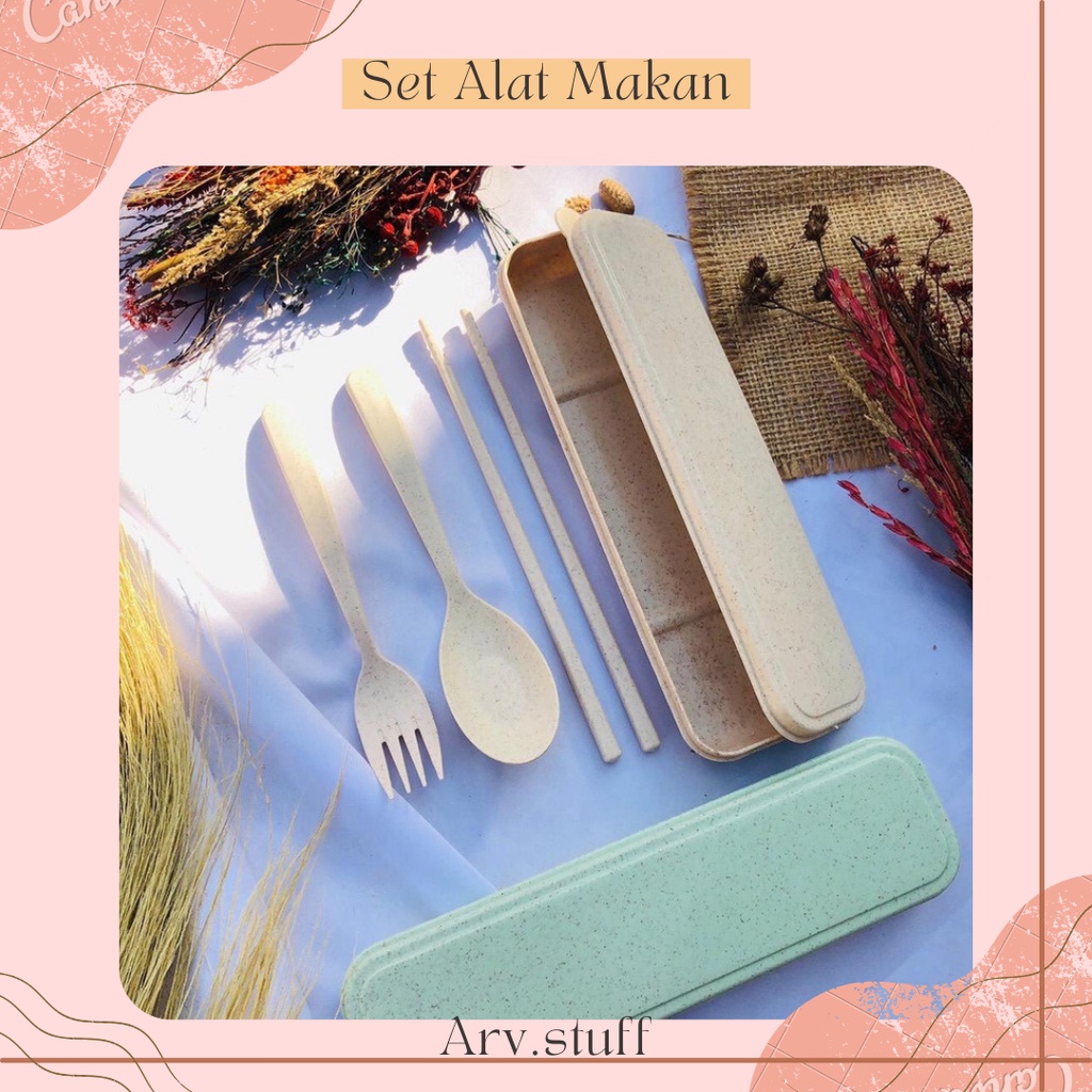 SET ALAT MAKAN / Sendok Garpu Sumpit Set Travel, Bahan Jerami Gandum Sendok Garpu, Murah, Cocok Untuk Souvenir