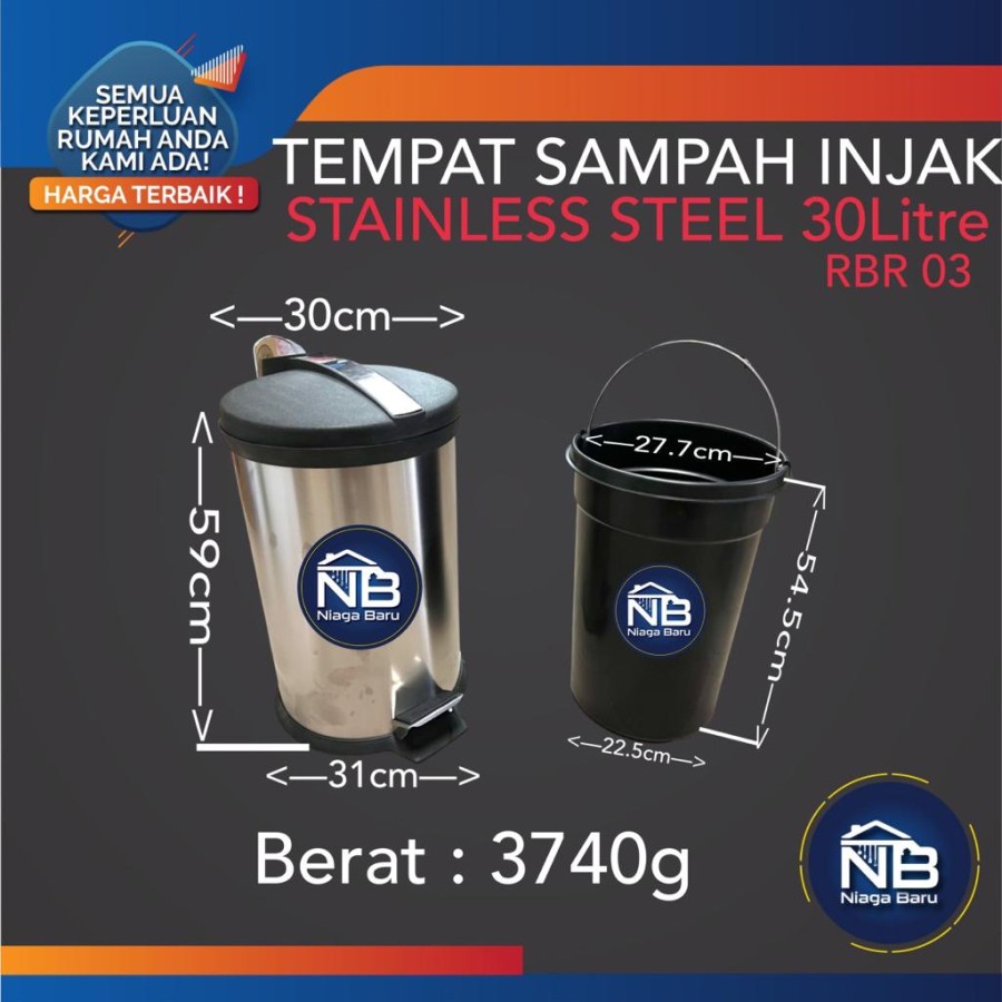 Tempat Sampah Tong sampah 30 liter stainless injak Rubbish bin
