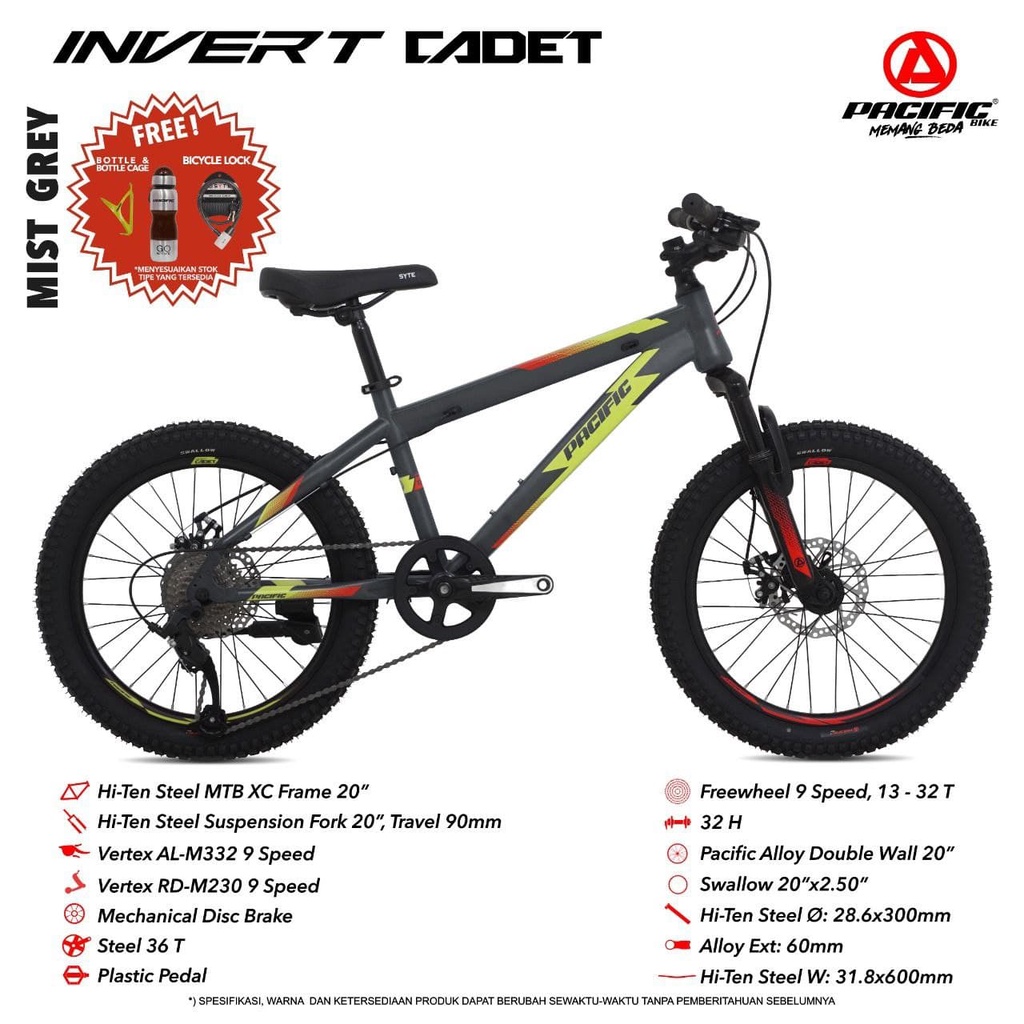 SEPEDA GUNUNG PACIFIC INVERT CADET 20” 9 SPEED FRAME STEEL MECHANICAL DISC BRAKE MTB