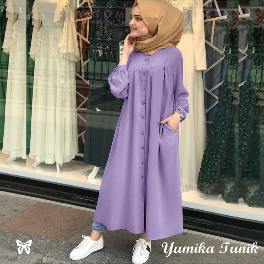 Baju gamis lebaran wanita remaja berhijab lilac terbaru 2021 maxi yumika