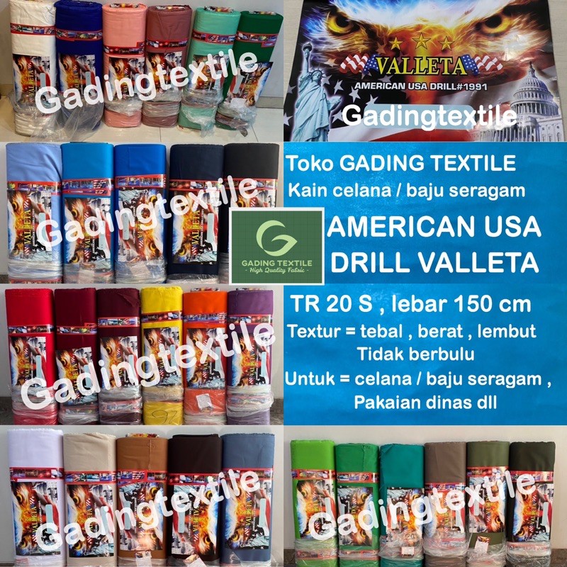 ( per 1 roll ) kain twill seragam AMERICAN DRILL TR20S VALLETA lebar 150 cm bahan celana kargo chino rok baju pakaian seragam sekolah kerja dinas PDH PDL perawat suster dokter almamater safari blouse blazer background tirai hordeng gorden taplak meja