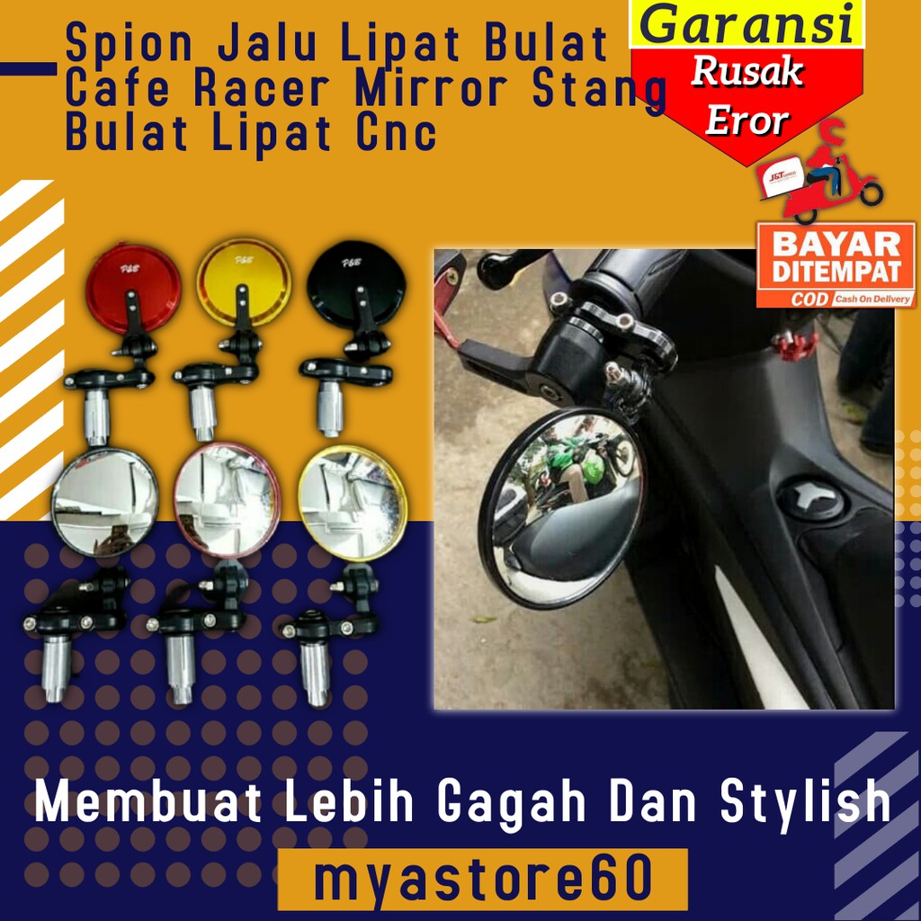 Spion Sepion Kaca Jalu Lipat Bulat Cafe Racer Mirror Stang Bulat Lipat Cnc Universal Motor