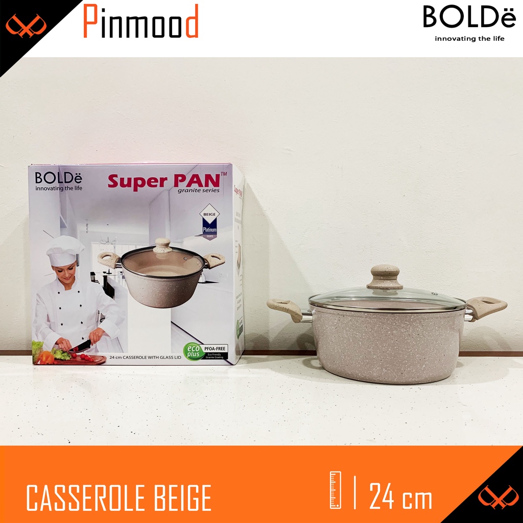 BOLDE CASSEROLE BEIGE SUPER PAN 24 CM + GLASS LID / TUTUP KACA PANCI KUAH REBUS GRANITE COATING ANTI LENGKET