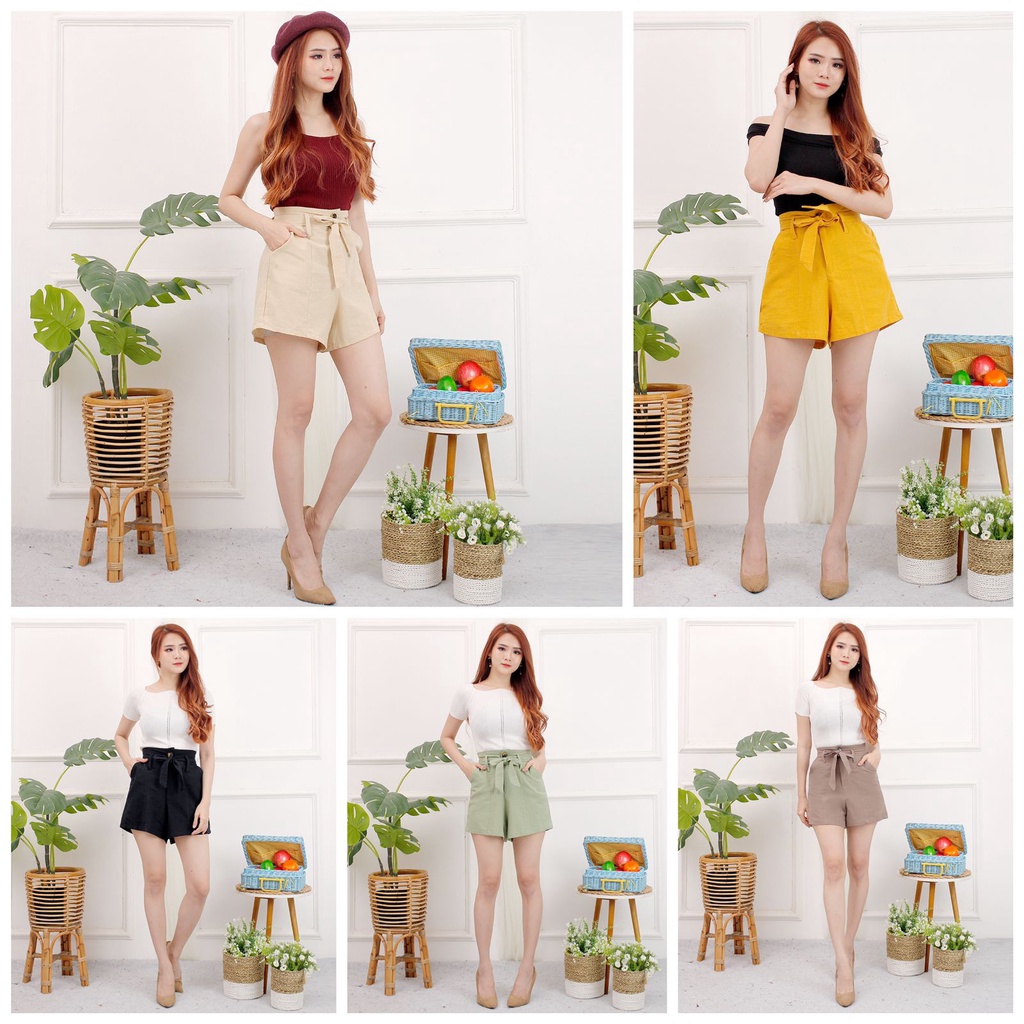 Celana pendek wanita fashion hotpants linen HW