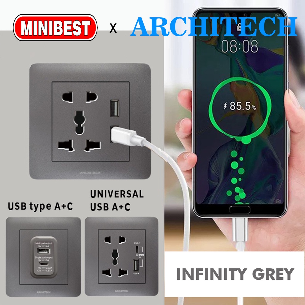 MINIBEST ARCHITECH INFINITY GREY / SAKLAR USB / STOP KONTAK COLOKAN A63 NEW 2.3