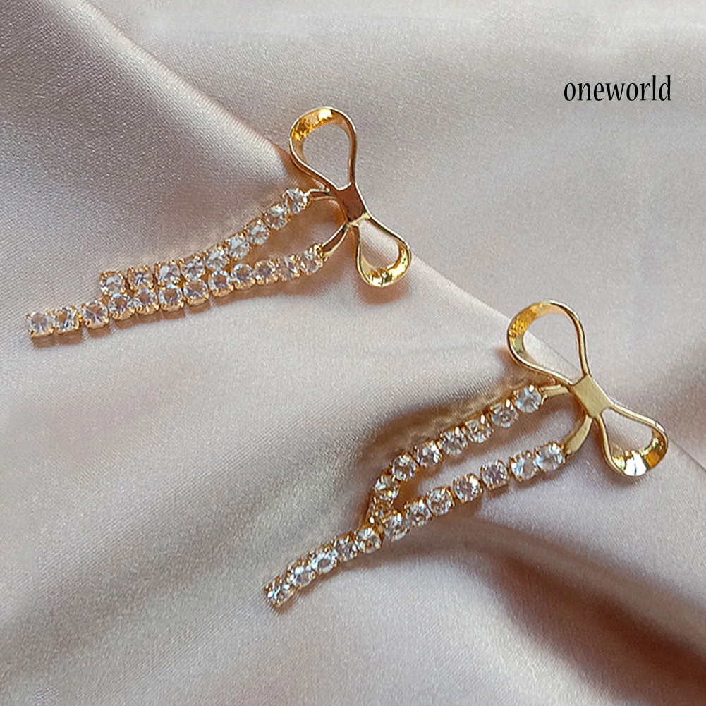 OW# Women Lady Elegant Shiny Alloy Bowknot Shaped Long Tassel Earrings Jewelry Gift