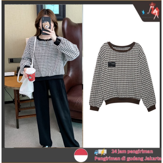 Crewneck Sweater Oversize Wanita Lengan Panjang Kaos Korea Wanita Vintage