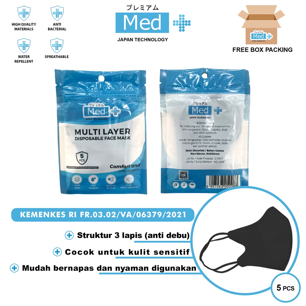 Med+ Masker Earloop Headloop 3Ply Disposable Facemask Original Sekali Pakai Isi 50Pcs (Kemenkes)-Duckbil Hitam isi5