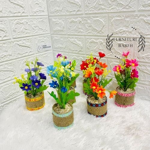 FURNITURE HIASAN RANGKAIAN BUNGA DAISY SET POT GONI , BUNGA PLASTIK ARTIFICIAL HIASAN SERBAGUNA