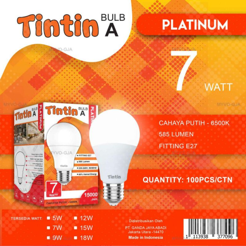 LAMPU LED NEW TINTIN PLATINUM CAHAYA PUTIH 5 W, 7 W, 9W, 12W, 15W, 18W GARANSI RESMI 1 TAHUN