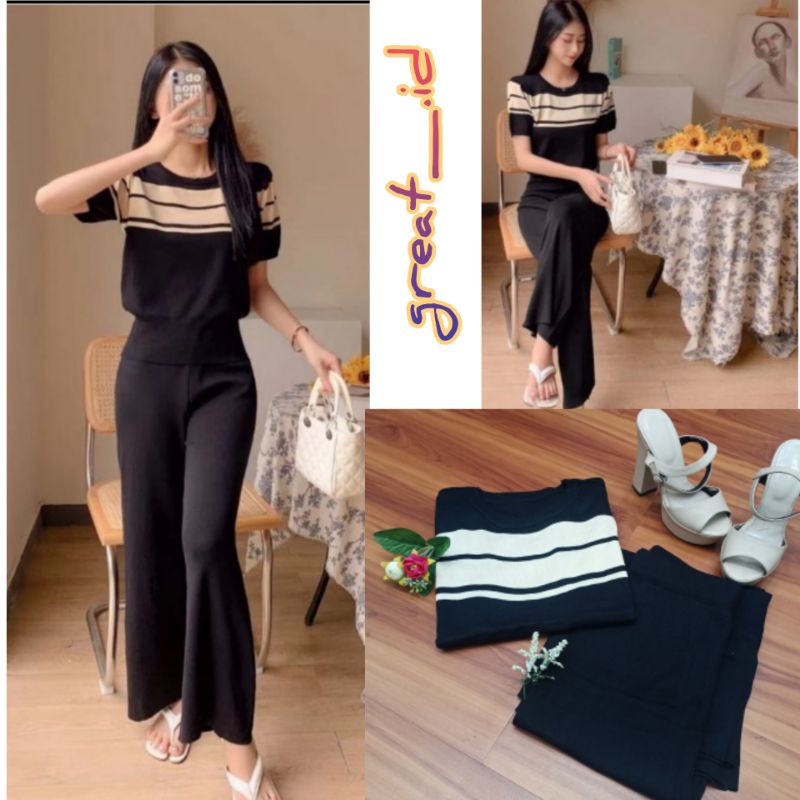 ONE SET RAJUT PREMIUM IMPORT (COD)-Pendek Hitam Strip