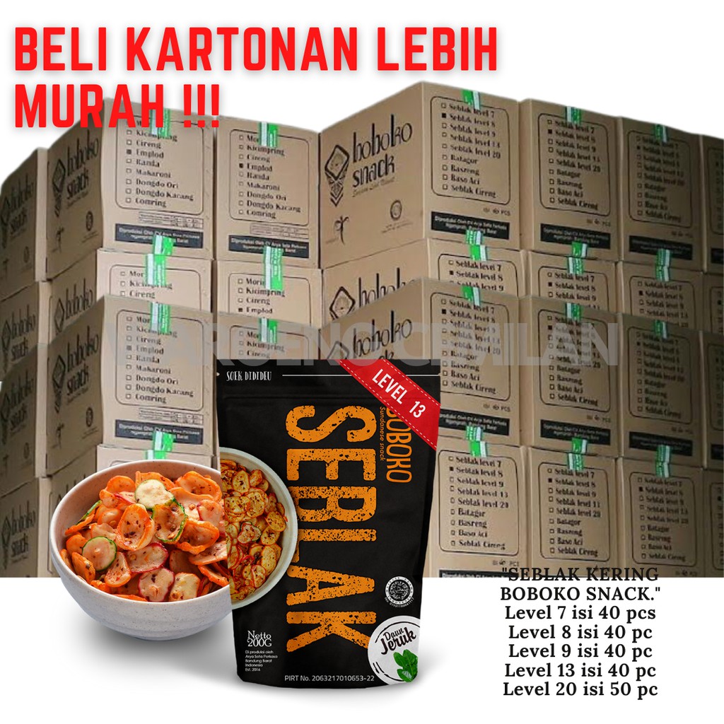 

Paket usaha 1 KARTON Seblak kering Boboko level 7.8.9.13.20 - grosir snack cemilan pedas