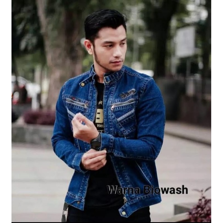 JAKET JEANS PRIA KERAH TINGGI RESLETING JAKET JEANS COWOK ORIGINAL DISTRO BANDUNG MURAH JEANS BOMBER