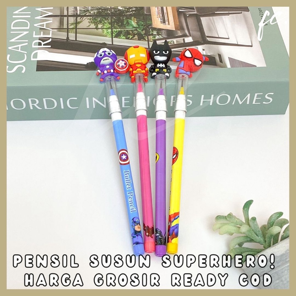 

Pensil Susun Sambung / Pencil Peluru / Pelor Superhero Avengers Batman Spiderman Ironman Captain America Kartun Film Lucu Souvenir Merchandise Bingkisan Harga Grosir Ready COD