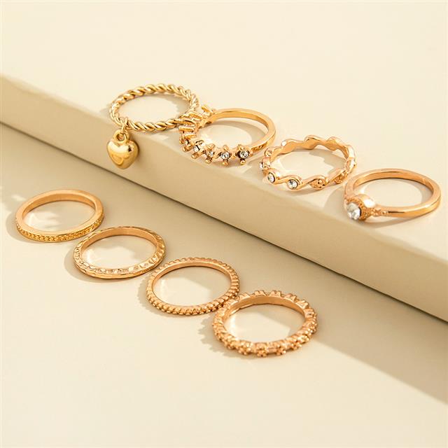 Eropa dan Amerika baru sederhana cinta liontin geometris wave wanita retro trendy cincin 8-piece set