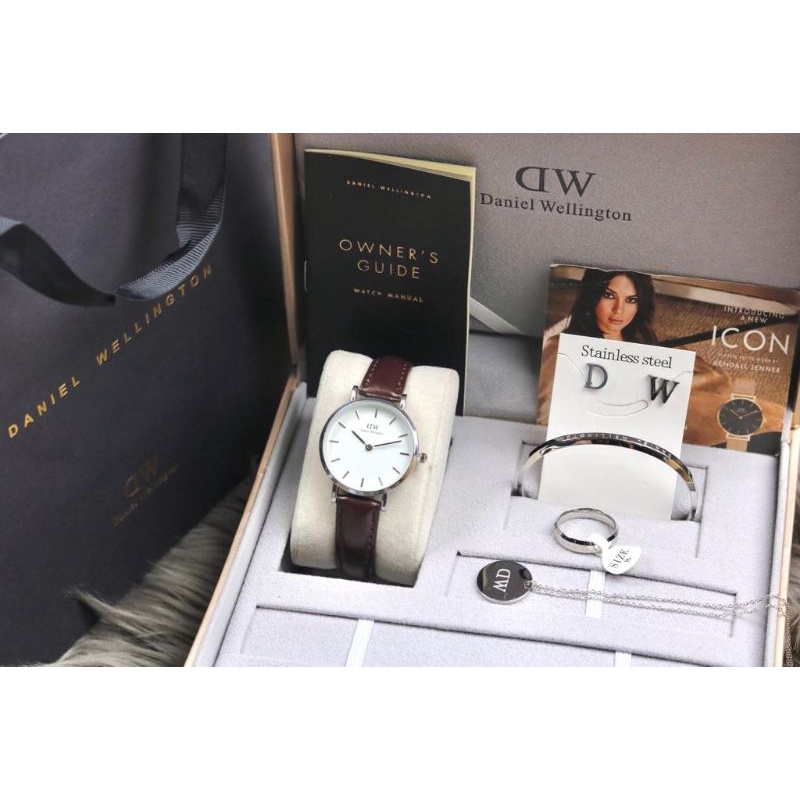 jam tangan wanita NEW DW Premium kulit paket anting gelang cincin kalung DM3.2cm box buku +paper bag